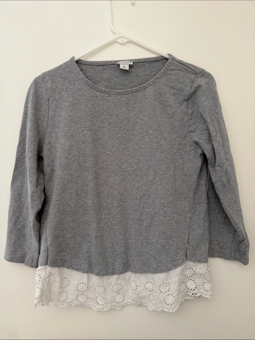J. Crew Grey Long Sleeve Top with White Eyelet Hem